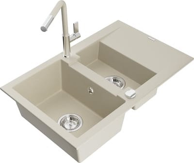 Mexen Gaspar granieten gootsteen 1,5-komorâ met afdruiprek en keukenmengkraan Flora, beige - 6507-69-670401-09