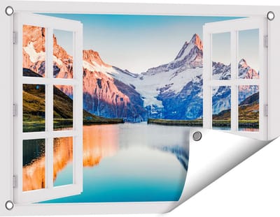 Gards Tuinposter Doorkijk Bergen Landschap bij het Meer - 60x40 cm - Tuindoek - Tuindecoratie - Wanddecoratie buiten - Tuinschilderij