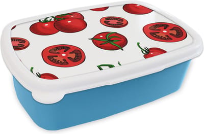 Broodtrommel Blauw - Lunchbox - Brooddoos - Rood - Patronen - Tomaten - 18x12x6 cm - Kinderen - Jongen