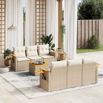 vidaXL - 7-delige - Loungeset - met - kussens - poly - rattan - beige
