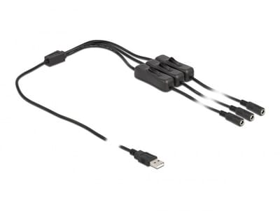 USB-A - 3x DC plug splitter | 5,5 x 2,1mm | max. 5V/3A (15W) | schakelaars | zwart | 1 meter