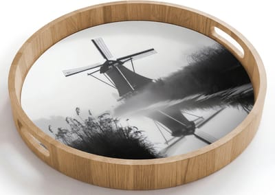 Dienblad rond 40x40 cm - Schootdienblad hout - Molen - Weerspiegeling - Landschap - Water - Borrelplank rechthoek - Plateau houten dienbladen