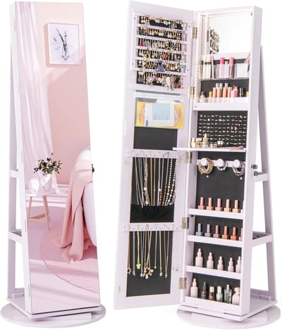 Sieradenkast met spiegel - Opberger Organizer - Sieraden Opbergen - 360° Draaibaar - 161 cm Hoog - Lila