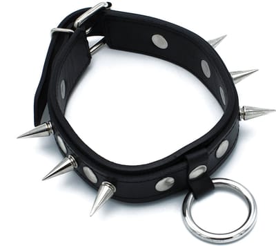 Kiotos - Zwarte Lederen Spiked Collar met O-Ring