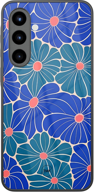 Hoesje geschikt voor Samsung Galaxy A56 - Indigo bloemen - Blauw - TPU luxe case (glossy toplaag) - Bloemen - Hardcase backcover zwart
