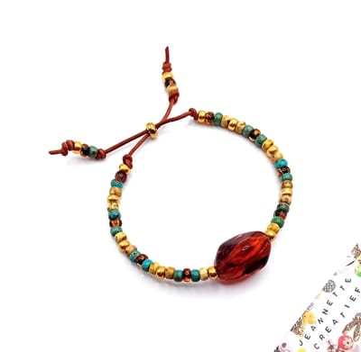 Jeannette-Creatief® - Beach - Armband Amber Big Rock - Armband met Grote Acrylkraal - Grote Acrylkraal - Armband Miyuki Rocailles - Armband - Leren Armband - Armband met Schuifknoop – Kralenarmband - Miyuki Armband