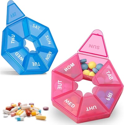 Tabletten Organizer voor 7 Dagen - 2-Pack Set met Ochtend en Avond Pillendozen, Draagbare Vochtbestendige Medicijnbox voor Vitaminen en Geneesmiddelen (Roze + Blauw)