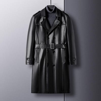 Heren Lange Leren Jas Herfst en Winter Velvet Double-breasted Business Casual Riem Zachte Leren Jas Leren Trenchcoat Herenjas 185 zwart