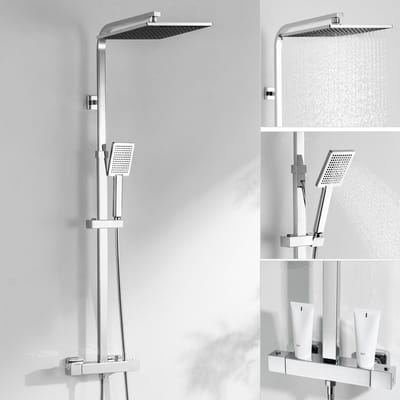 CECIPA max Regendouche met Thermostaatkraan - Doucheset - Ø 25 cm - Inclusief thermostaatkraan en planchet - Hoofddouche en Handdouche - Verstelbare Hoogte 97-130 cm - Chroom