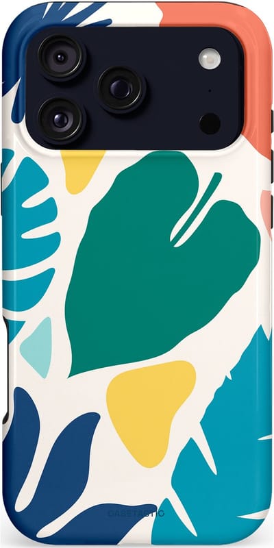 Casetastic hoesje geschikt voor Apple iPhone 17 Pro Max - MagSafe - Dubbellaagse bescherming - Moderne Kunstbladeren - Fashion Case - Petrol Wit Koraal Lichtgrijs