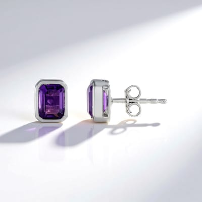 Cavill - Elegante Oorbellen 925 Sterling Zilver - Platina Geplatineerd - 1,71ct Marokkaanse Achthoekige Amethist - Vrouwen Sieraden