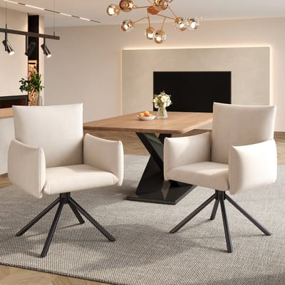 MODENUIT Eetkamerstoel – Draaibare Kuipstoel – Set van 2 – Met Armleuningen en Lendensteun – Fluweel Beige