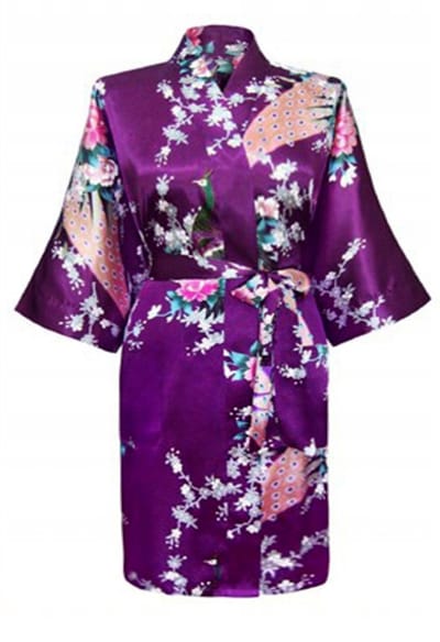 KIMU® Kimono Paars Kort - Maat S-M - Yukata Satijn Boven de Knie - Korte Paarse Ochtendjas Japanse Kamerjas Sexy Satijnen Badjas Geisha Pauwenprint Festival