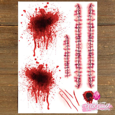 GetGlitterBaby® - Wonden Tattoo Halloween Decoratie Versiering / Carnaval Schmink Make Up Plak Tattoos / Tijdelijke Tattoo Bloed / Nep Tatoeage - Hechtingen