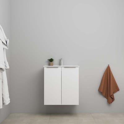 On-Line Onderkast - 60 cm - Bouwpakket - 2 Deuren met Greep - Porseleinen Wastafel - 1 Kraangat - Hoogglans Wit