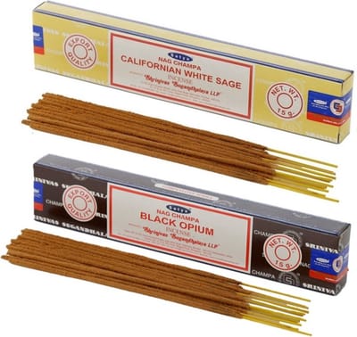 Satya Wierook cadeaus set - 2x geurstokjes - Witte Salie en Zwarte Opium geur - Meditatie