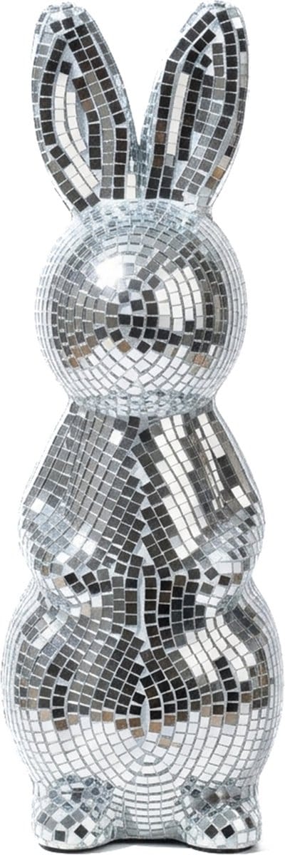 KIMU® Paashaas Discobal 25 cm Spiegeltjes - Beeld Pasen Disco Haas Spiegel Konijn - Beeldje Zilver Discobol Spiegelbol Glitter Vintage Festival