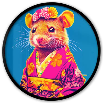 Poster in lijst Rond - Fotolijst 40x40 cm - Posters - Muis - Kimono - Bloemen - Blauw - Ronde posterlijst zwart - Decoratie - Wanddecoratie woonkamer - Muurdecoratie slaapkamer