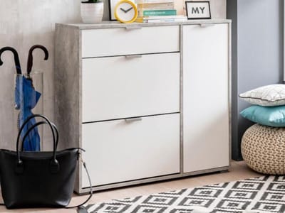Vente-unique Schoenenkast ARIETTA - 2 vlakken, 1 deur en 1 lade - Kleur: wit & beton