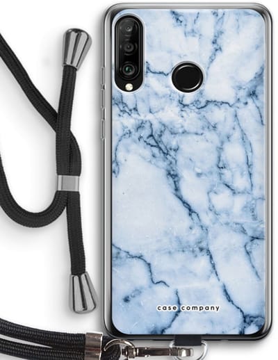Case Company® - Hoesje met koord geschikt voor Huawei P30 Lite hoesje met Koord - Blauw marmer - Telefoonhoesje met Zwart Koord - Bescherming aan alle Kanten en Over de Schermrand