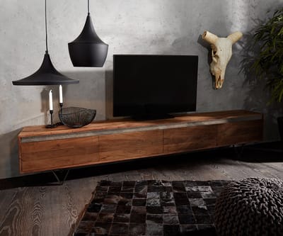 Tv-meubel Stonegrace acacia bruin Leisteen 240 cm 4 deuren V-poot zwart Tv-meubel