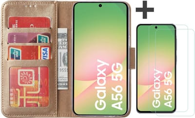 Hoesje met 2 Stuks Screenprotectors Geschikt voor Samsung Galaxy A56 – Arara bookcase met pasjeshouder - Goud