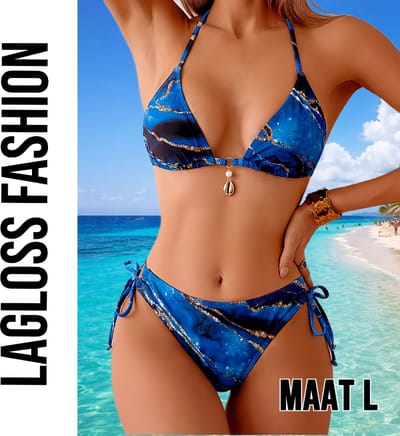 LaGloss® 2-delige Halter Bikini Set in Blauw Marmer met Gouden Accenten – Haltertop met Schelphanger en Verstelbare Strikbandjes – Strandmode – Beach Fashion – Maat L