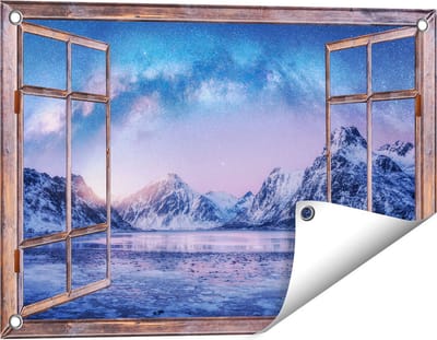 Gards Tuinposter Doorkijk Melkweg bij de Besneeuwde bergen - 60x40 cm - Tuindoek - Tuindecoratie - Wanddecoratie buiten - Tuinschilderij