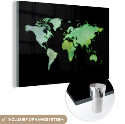 ® Glasschilderij 150x100 cm - Schilderij acrylglas - Wereldkaart - Groen - Waterverf - Foto op glas - Muurdecoratie woonkamer - Wanddecoratie slaapkamer - Schilderijen