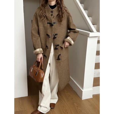Herfst en Winter Retro Capuchon Hoornknop Ruit Dubbelzijdig Wollen Jas Dubbelzijdige Wollen Jas Dames Los M gray