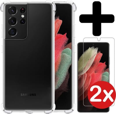 Hoesje - Met Screenprotector - 2 Stuks - Geschikt voor Samsung Galaxy S21 Ultra - Sterk & Shockproof - Back Cover - Siliconen Case - Telefoon Hoes - Shock Proof - Telefoonhoes - Transparant