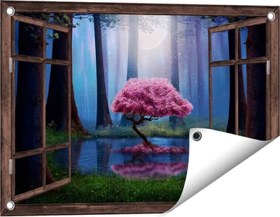 Gards Tuinposter Doorkijk Roze Boom op een Vijver in de Nacht - 60x40 cm - Tuindoek - Tuindecoratie - Wanddecoratie buiten - Tuinschilderij