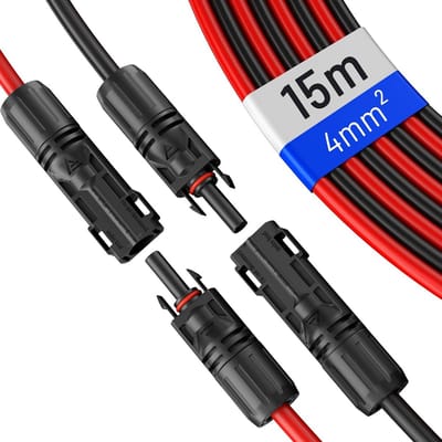 2x 15m 4mm² Zonnkabel Set met Stekkers - UV- en Weerbestendige Fotovoltaïsche Verlengkabels (Rood/Zwart)