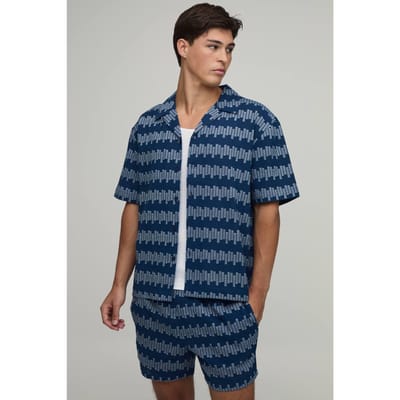 Geometrisch Gestreept Oversized Shirt & Relaxed Short Set | Navy | Size XS