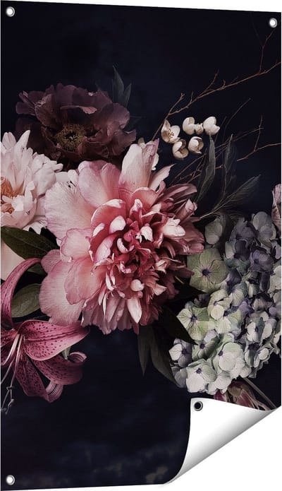 Gards Tuinposter Diverse Bloemen op Zwart Achtergrond - 60x90 cm - Tuindoek - Tuindecoratie - Wanddecoratie buiten - Tuinschilderij