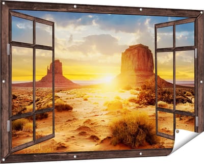 Gards Tuinposter Doorkijk Zonsondergang in Woestijn Monument Valley - 150x100 cm - Tuindoek - Tuindecoratie - Wanddecoratie buiten - Tuinschilderij