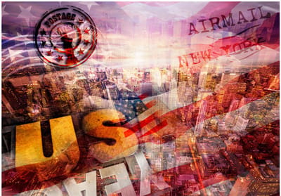 Fotobehangkoning - Behang - Vliesbehang - Fotobehang New York Ansichtkaart - patriotic theme - 200 x 140 cm
