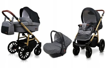 BabyLux® Kinderwagen 3in1 – ASPERO - GREY FLEX BLACK - Opklapbare Wandelwagen incl. Reiswieg, Multifunctionele Buggy Sportstoel, Autostoel - Combi-kinderwagen met Luiertas, Regenhoes, Klamboe, Bekerhouder, etc.