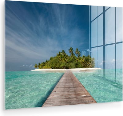 MuchoWow® Glasschilderij 160x120 cm - Schilderij acrylglas - Zee - Pier - Eiland - Foto op glas - Muurdecoratie woonkamer - Wanddecoratie slaapkamer - Schilderijen