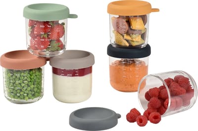 Beaba Set Glazen Bewaarpotjes - 6x 250 ml - Hermetisch Afsluitbaar - Sunrise Colormix - Geschikt voor Vriezer & Magnetron - Microgolfoven