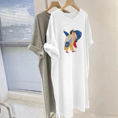 T-shirtrok van puur katoen voor dames, zomer, grote maat, losvallend, medium en lang, T-shirt met korte mouwen, top, temperamentvol, dun, knielengte jurk M white