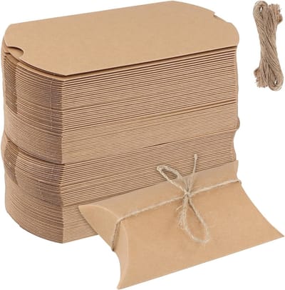 100 stuks bruine kussen papieren dozen 13 x 8,8 x 3,5 cm - Kraft geschenkdozen met jute touw voor bruiloften, verjaardagsfeestjes en evenementen