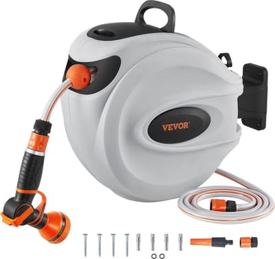 Tuinslanghaspel 25m met 180° draaibare houder en automatisch terugspoelsysteem