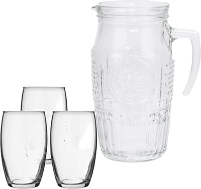 Bormioli Rocco schenkkan/waterkan van glas 1,8 liter met 6x stuks Tumbler waterglazen van 360 ml