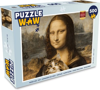 Puzzel Mona Lisa - Kat - Leonardo da Vinci - Vintage - Kunstwerk - Oude meesters - Schilderij - Legpuzzel - Puzzel 500 stukjes