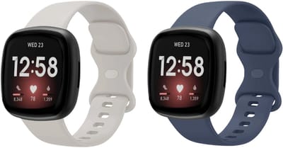 Strap-it Siliconen smartwatch bandjes bundel donkerblauw & lichtbeige geschikt voor Fitbit Versa 3 / Versa 4 / Sense / Sense 2 – comfortabel & lichtgewicht - Maat L