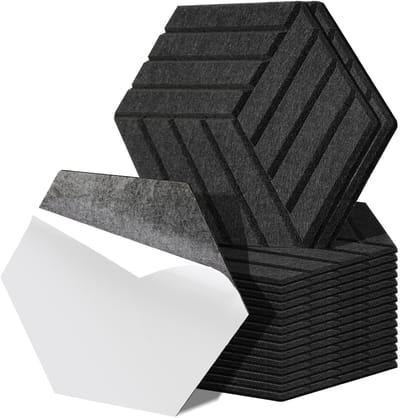 18 stuks Akoestische panelen Hexagon streepje Zelfklevend Geluidsisolatie Vilt Wandpaneel Zwart