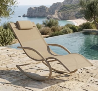 Zonneligstoel 2 Personen 150x63x87 cm – Schommel Ligbed met Hoofdkussen, Weerbestendige Tuinligstoel voor Balkon, Terras & Camping – Beige – Bella