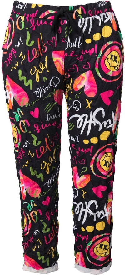 Angel of Style - Dames - Joggingbroek loose fit crinkle sweatstof smileys - Zwart - Maat 46