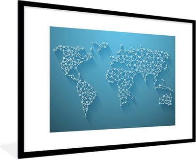 Poster in lijst - Fotolijst 120x80 cm - Posters - Wereldkaart - Lijnen - Blauw - Posterlijst zwart - Decoratie - Wanddecoratie woonkamer - Muurdecoratie slaapkamer